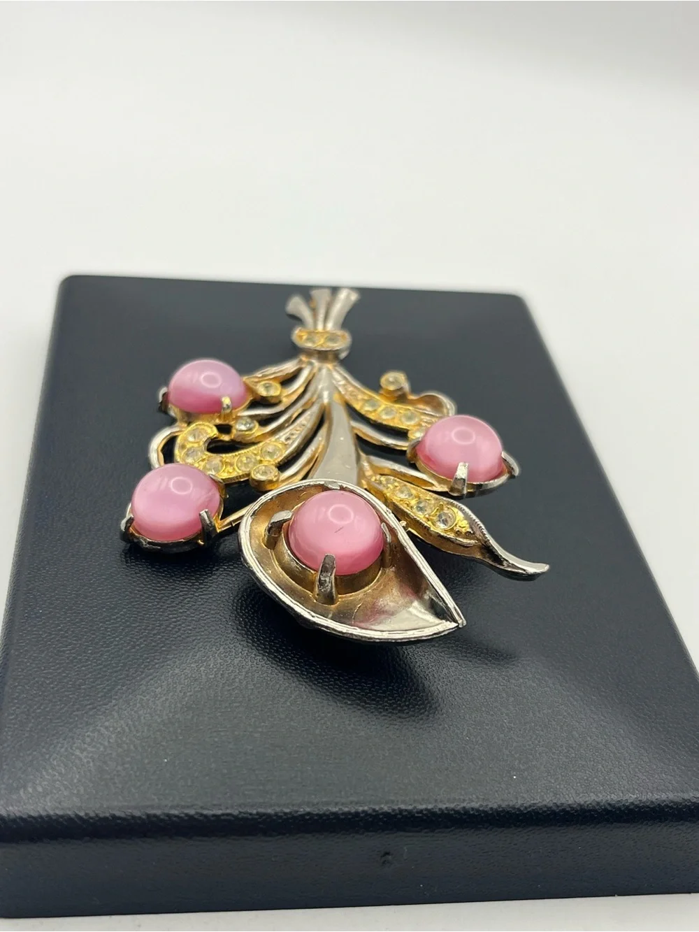 1950’s Mid Century pink moonglow cabochon stones flower bouquet brooch pin